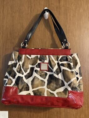 Miche Large Animal Print Faux Leather Tote Shoulder Bag Purse giraffe print red